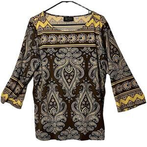 Bob Mackie Top Womens Size L Yellow Brown Pullover Tunic Wearable Art Boho Hippi